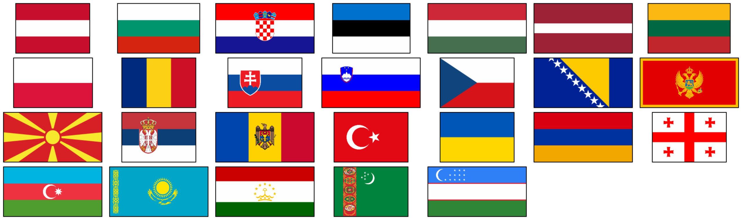 Country flags of Agent ALFLETH Austria Bulgaria Croatia Estonia Hungary Latvia Lithuania Poland Romania Slovakia Slovenia Czechia Bosnia and Herzegovina Montenegro North Macedonia Serbia Moldova Turkey Ukraine Armenia Azerbaijan Georgia Kazakhstan Tajikistan Turkmenistan Uzbekistan